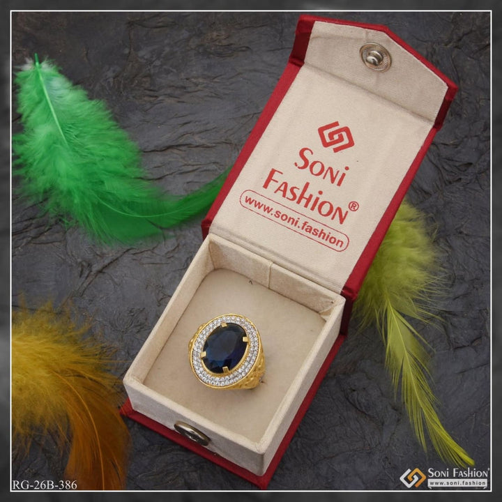 Soni Fashion - ring - 1 Gram Gold Plated Blue Stone With Diamond Hand-crafted Ring For Men - Style B386
