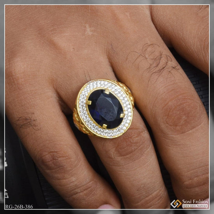 Soni Fashion - ring - 1 Gram Gold Plated Blue Stone With Diamond Hand-crafted Ring For Men - Style B386