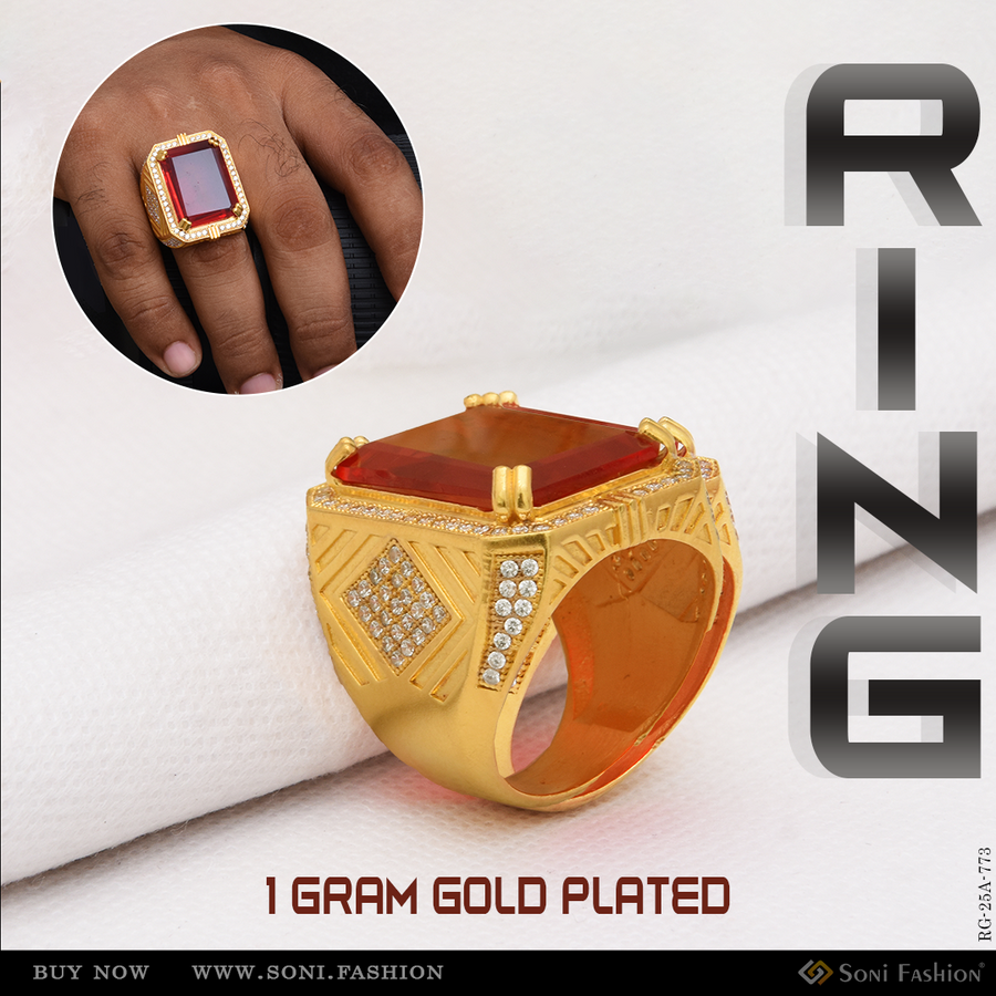 Soni Fashion - ring - 1 Gram Gold Plated Red Stone Ring for Men | Round Rhodium Fashion Ring - Style A773