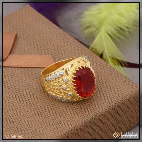 Soni Fashion - ring - 1 Gram Gold Plated Red Stone with Diamond Antique Design Ring for Men - Style B368