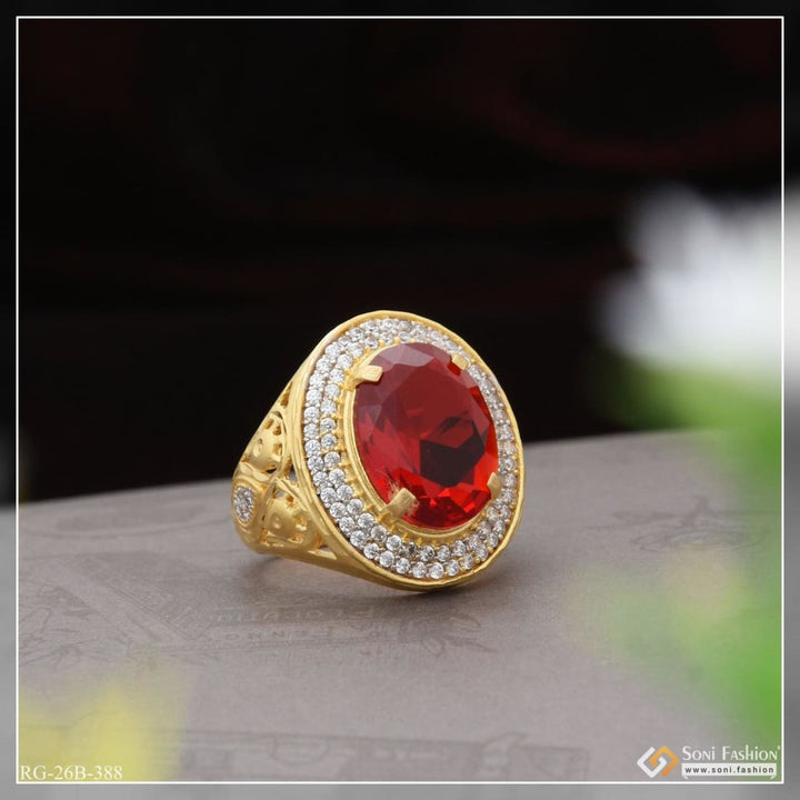 Soni Fashion - ring - 1 Gram Gold Plated Red Stone With Diamond Antique Design Ring For Men - Style B388
