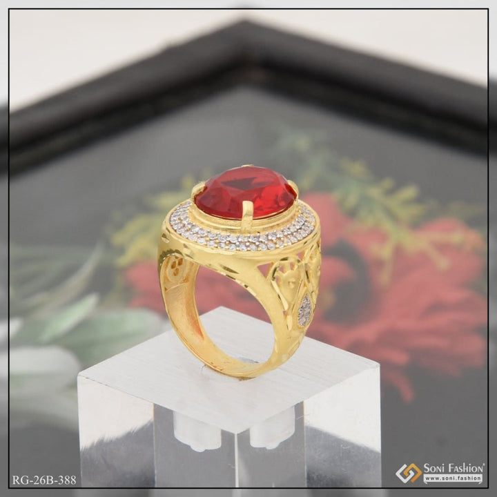 Soni Fashion - ring - 1 Gram Gold Plated Red Stone With Diamond Antique Design Ring For Men - Style B388