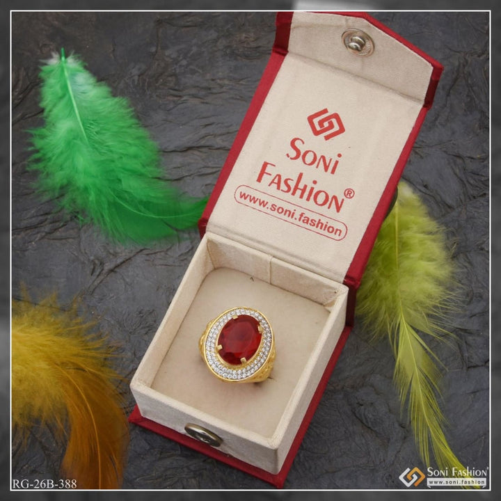 Soni Fashion - ring - 1 Gram Gold Plated Red Stone With Diamond Antique Design Ring For Men - Style B388