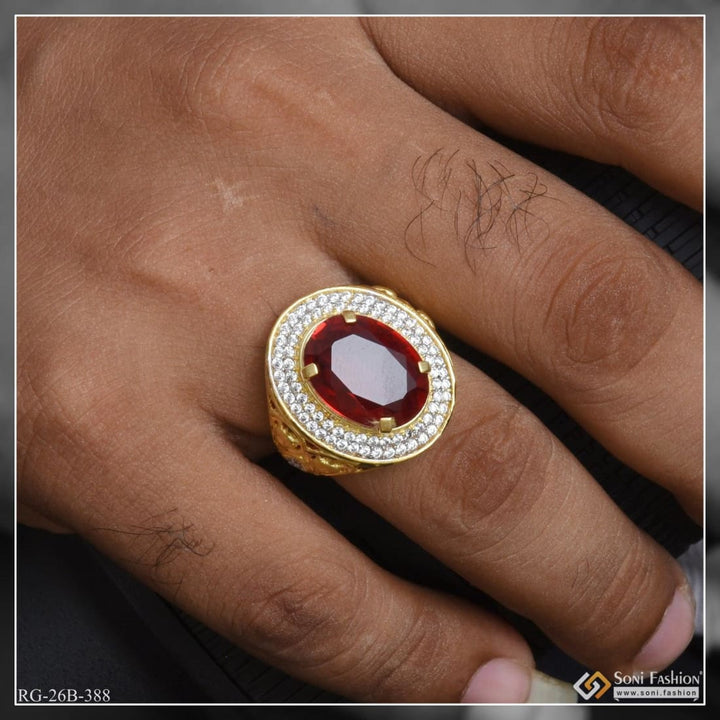Soni Fashion - ring - 1 Gram Gold Plated Red Stone With Diamond Antique Design Ring For Men - Style B388