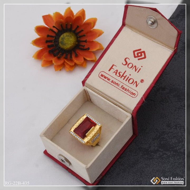Soni Fashion - ring - 1 Gram Gold Plated Red Stone with Diamond Antique Design Ring for Men - Style B435