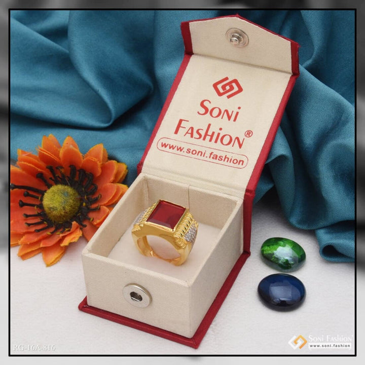 Soni Fashion - ring - 1 Gram Gold Plated Red Stone With Diamond Delicate Design Ring For Men - Style A816