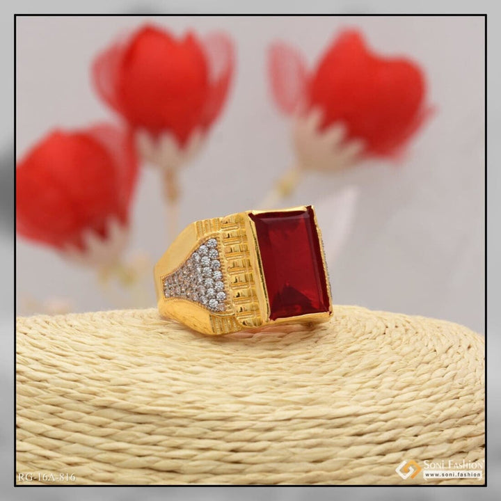 Soni Fashion - ring - 1 Gram Gold Plated Red Stone With Diamond Delicate Design Ring For Men - Style A816