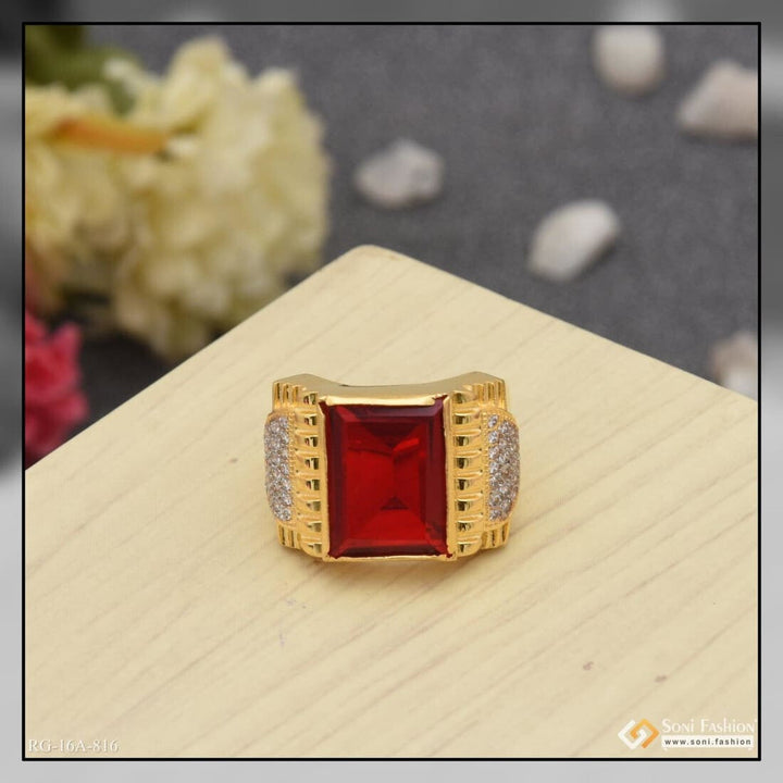 Soni Fashion - ring - 1 Gram Gold Plated Red Stone With Diamond Delicate Design Ring For Men - Style A816