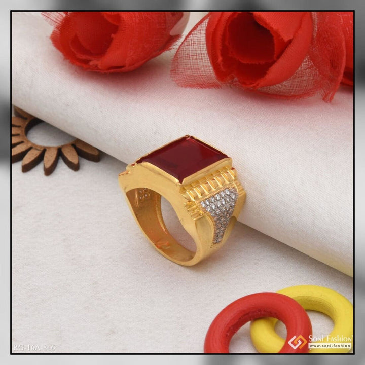 Soni Fashion - ring - 1 Gram Gold Plated Red Stone With Diamond Delicate Design Ring For Men - Style A816