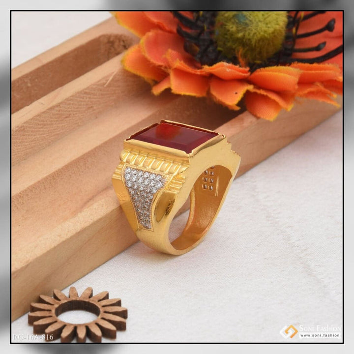 Soni Fashion - ring - 1 Gram Gold Plated Red Stone With Diamond Delicate Design Ring For Men - Style A816