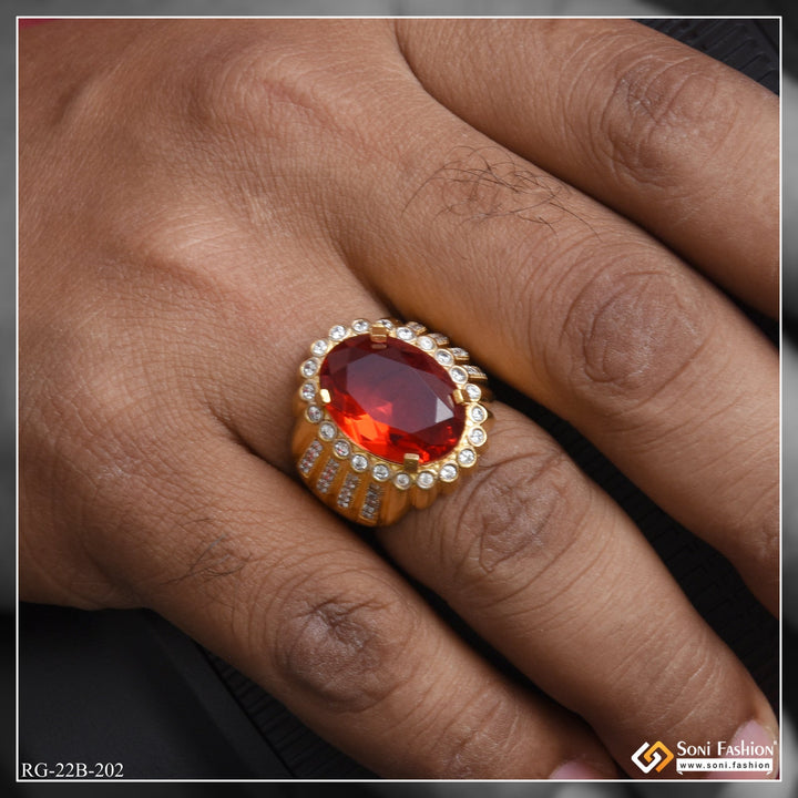 Soni Fashion - ring - 1 Gram Gold Plated Red Stone with Diamond Gorgeous Design Ring for Men - Style B202