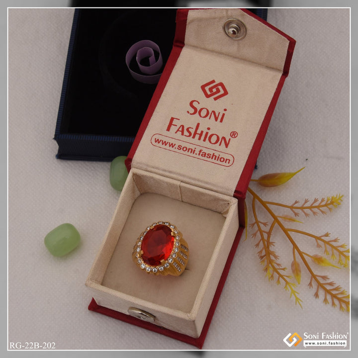 Soni Fashion - ring - 1 Gram Gold Plated Red Stone with Diamond Gorgeous Design Ring for Men - Style B202
