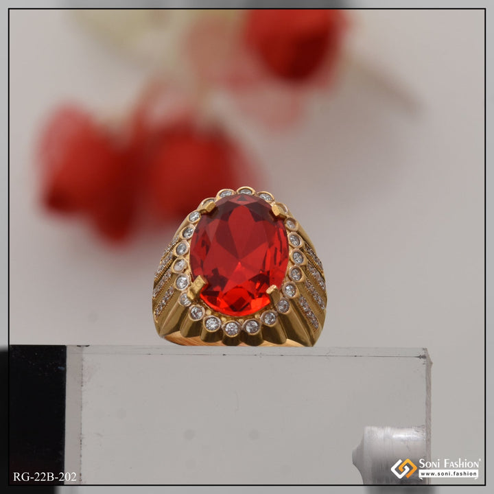 Soni Fashion - ring - 1 Gram Gold Plated Red Stone with Diamond Gorgeous Design Ring for Men - Style B202