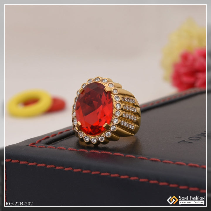Soni Fashion - ring - 1 Gram Gold Plated Red Stone with Diamond Gorgeous Design Ring for Men - Style B202
