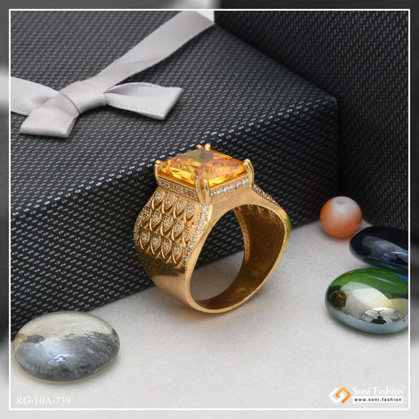 Soni Fashion - ring - Orange Stone with Diamond Glittering Design Gold Plated Ring for Men - Style A739