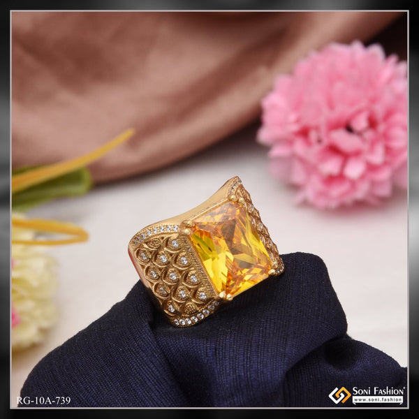 Soni Fashion - ring - Orange Stone with Diamond Glittering Design Gold Plated Ring for Men - Style A739