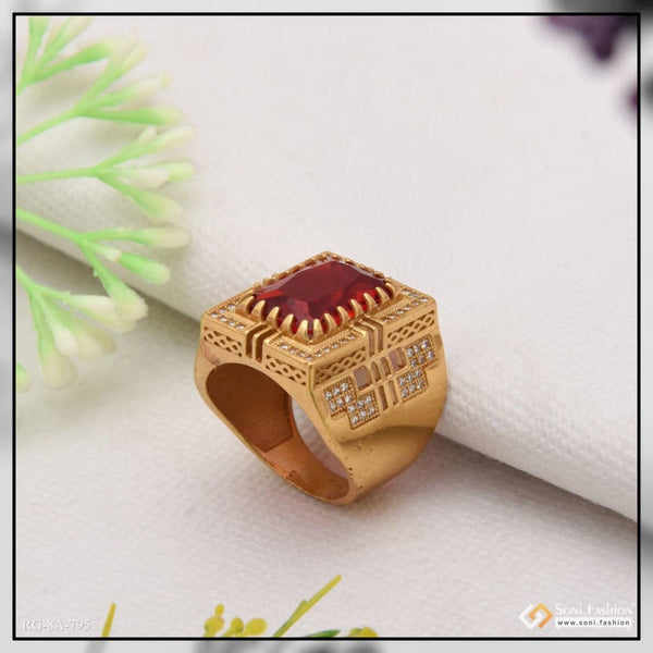 Soni Fashion - ring - Red Stone with Diamond Finely Detailed Design Gold Plated Ring for Men - Style A795