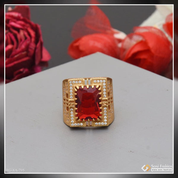 Soni Fashion - ring - Red Stone with Diamond Finely Detailed Design Gold Plated Ring for Men - Style A795