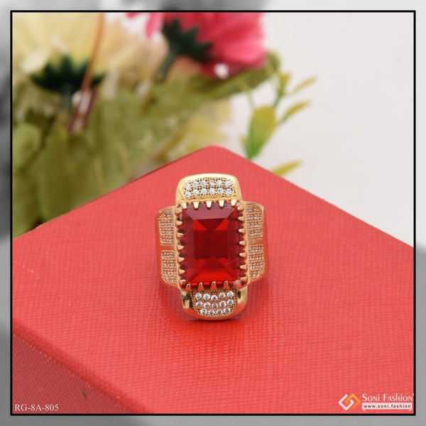 Soni Fashion - ring - Red Stone with Diamond Finely Detailed Design Gold Plated Ring for Men - Style A805