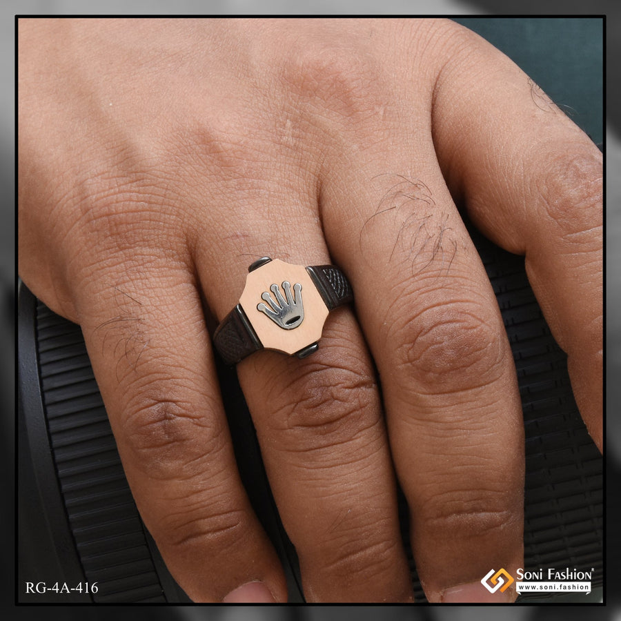Soni Fashion - ring - Rose Gold Plated Crown Black Ring for Men | Stainless Steel Jewellery - Style A416