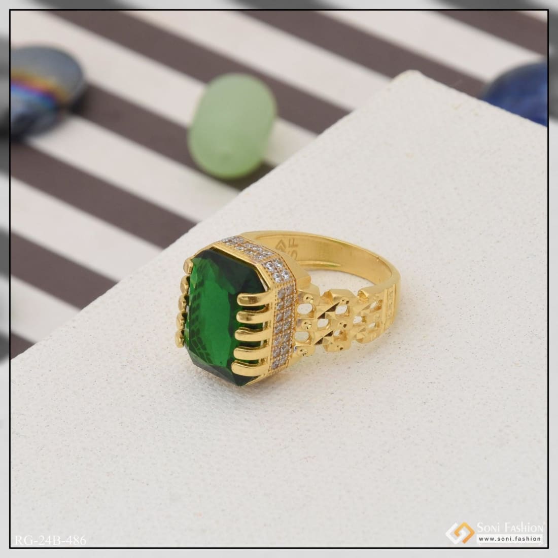 Gram Gold Plated Green Stone with Diamond Popular Design Ring for Men Style B486