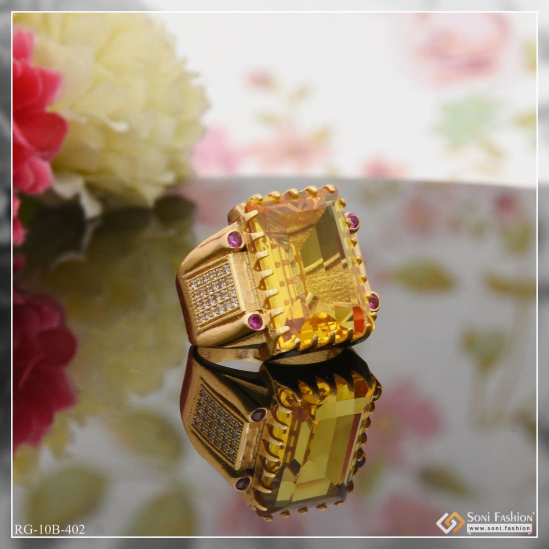 Yellow stone with diamond fashionable design gold plated ring for